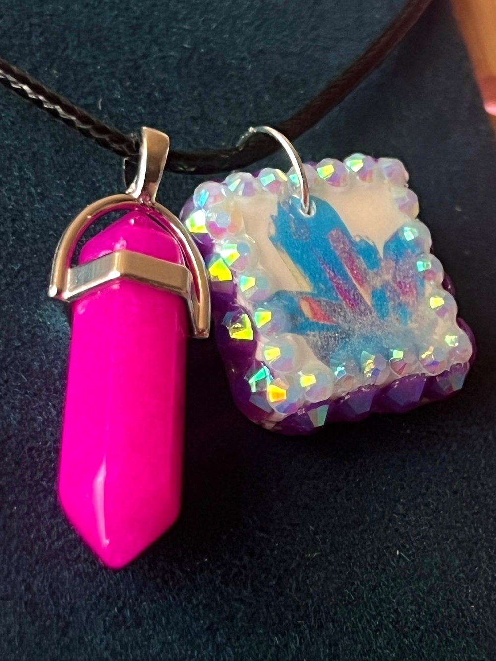 Pink & Blue Crystal Cluster Necklace | Bedazzled Gem Charm Pendant